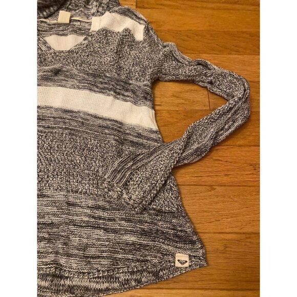 Roxy womens grey white striped v-neck hooded lightweight knit pullover sweater M - Picture 3 of 7